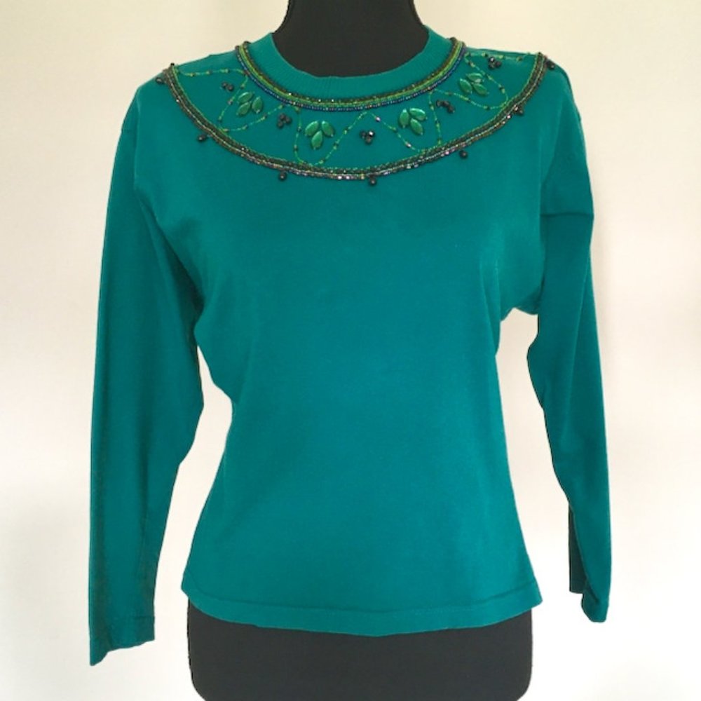 Vintage Carole Little T-shirt with Uniquely Beaded Neckline Petite Medium